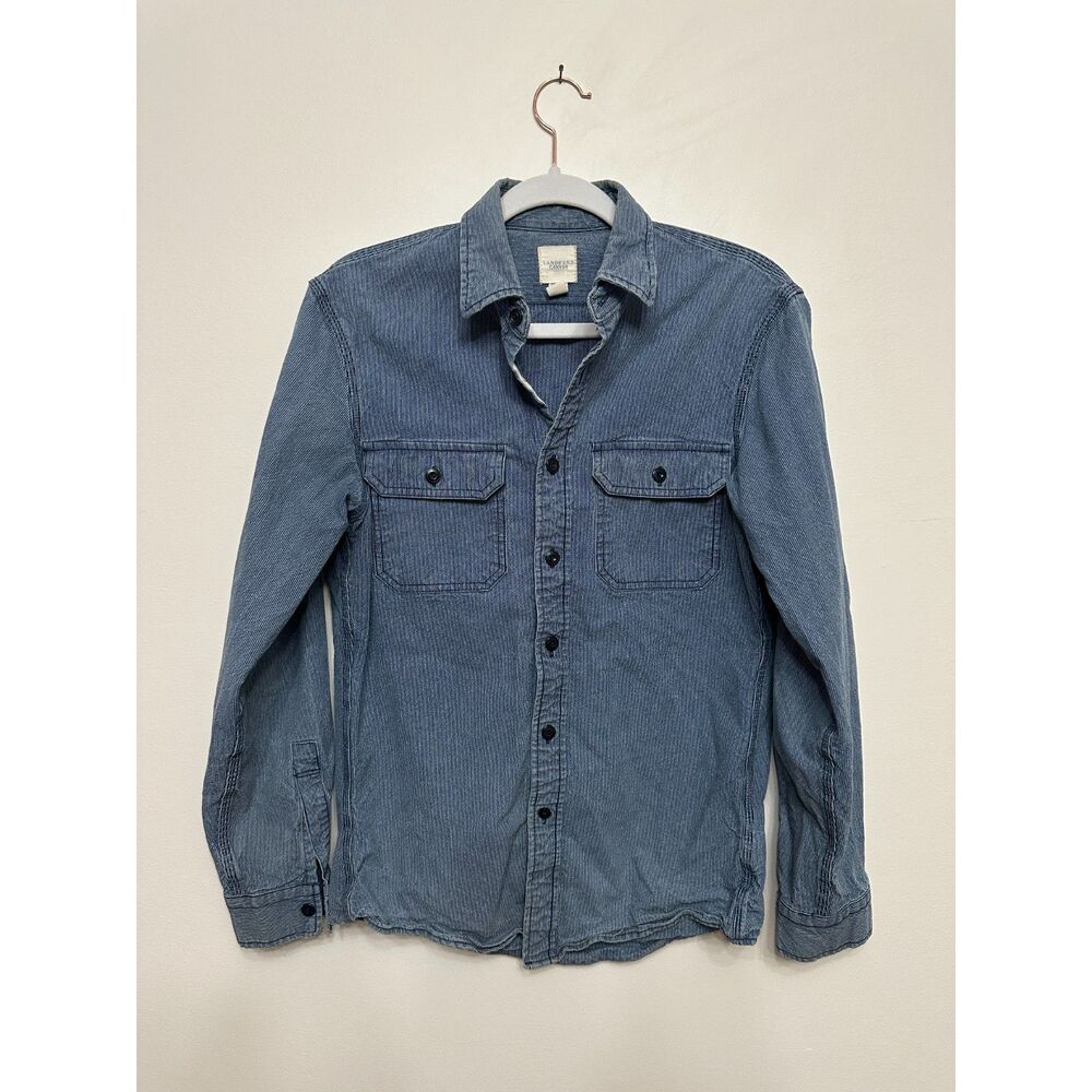 Lands’ End Canvas Shirt Blue White Striped Utility Workwear Heritage Americana
